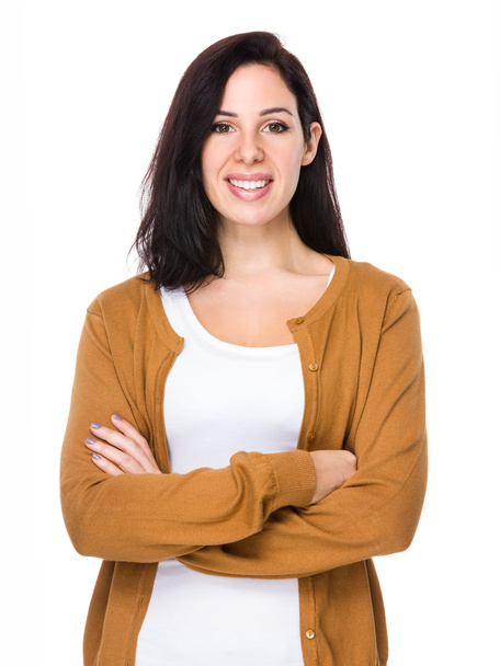 kaukaski kobieta młody w brązowy sweter - Zdjęcie, obraz