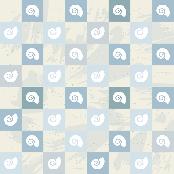 weiße Meereslebewesen Meeresschnecke repetitives Muster mit blauen Quadraten auf grau gefärbtem Hintergrund. nahtlos. für Geschenkpapier oder Vorlagenhintergründe - Vektor, Bild