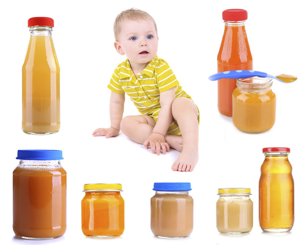 baby boy and products for feeding - Foto, imagen