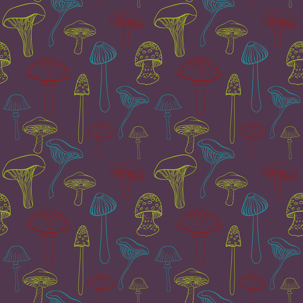 Seamless pattern with different hand drawn mushrooms on dark purple background. - Vector, Image