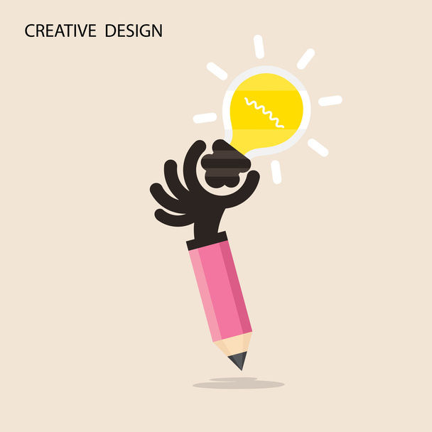 Idée créative de lumière d'ampoule et icône de main de crayon, conception plate.
 - Vecteur, image