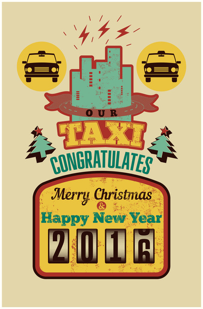 タクシーは、メリー クリスマスと幸せな新年を祝う!タクシーのクリスマス ヴィンテージスタイル グリーティング カード デザイン。レトロなグランジ ベクトル イラスト. - ベクター画像