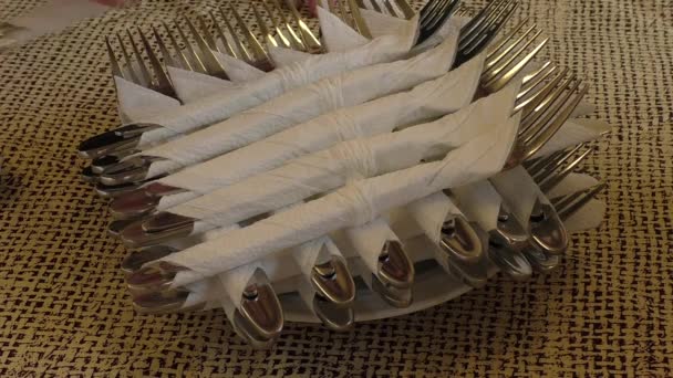 Cutlery in napkins at an event or catering - Footage, Video