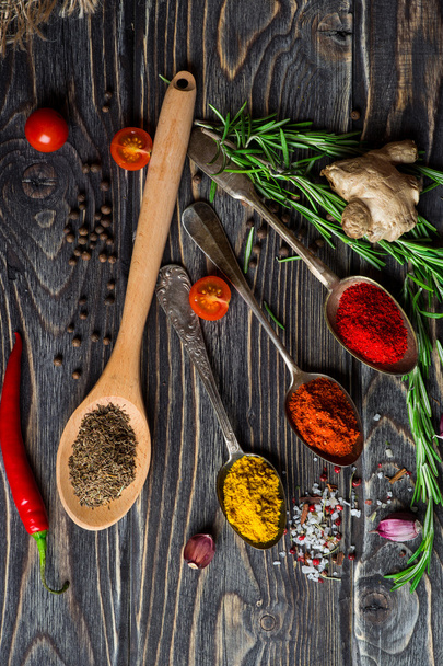 Spices over wooden background - Foto, Imagem