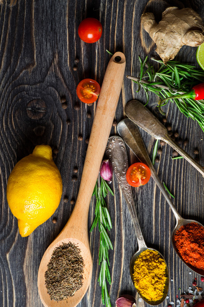 Spices over wooden background - Foto, Imagen