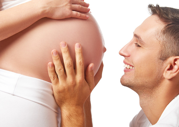 Bauch der Schwangeren und glücklicher Mann zukünftiger Vater - Foto, Bild