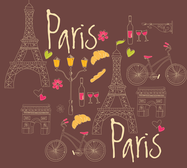 Pariser Symbole, Postkarte, handgezeichnet - Vektor, Bild