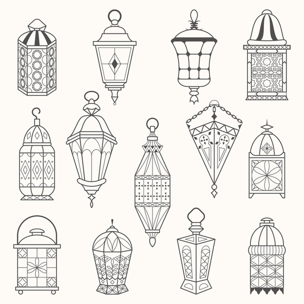 Conjunto de lámparas antiguas. Linterna vector siluetas oscuras
 - Vector, Imagen