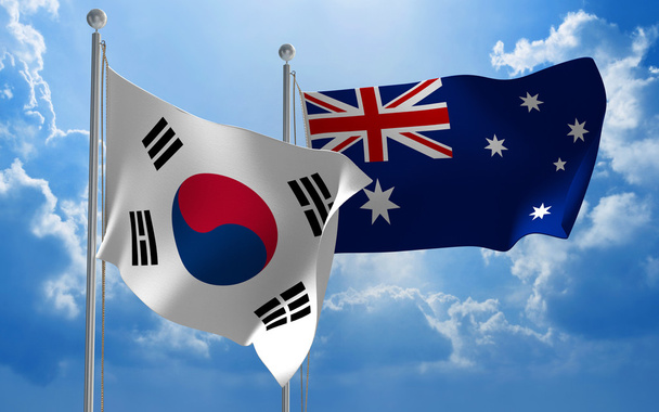 Drapeaux sud-coréens et australiens flottant ensemble pour des pourparlers diplomatiques
 - Photo, image