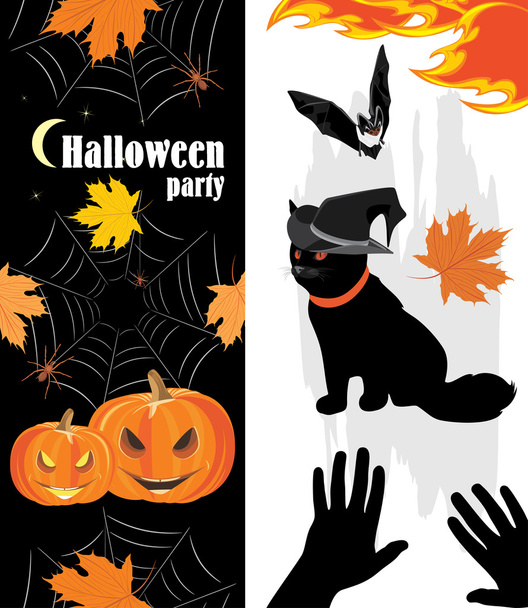 Halloween pumpkins, örümcekler, kedi ve yarasa. Tatil nesneleri - Vektör, Görsel