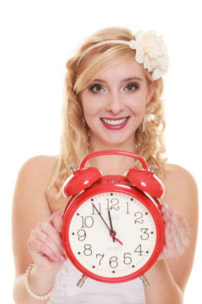 Wedding. Time to get married. Bride with alarm clock. - Photo, Image