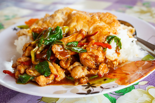 Rice topped with stir fried hot and spicy pork with basil and om - Photo, Image