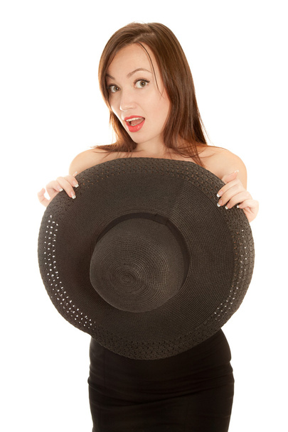 Happiness naked woman with black hat - Foto, imagen