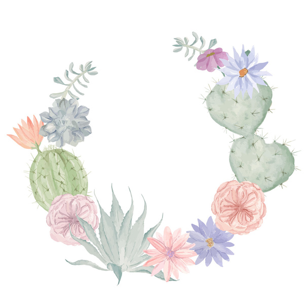 Акварельные цветы и венок из кактуса. Цветочная печать
 - Вектор,изображение