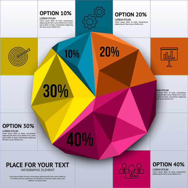 Pie chart in polygon style - business statistics with icons.  - Vecteur, image