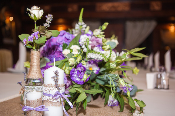candles with lavender and bouquet flowers - Photo, Image