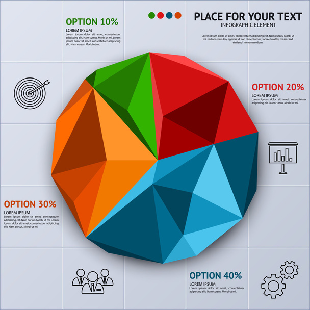 Pie chart in polygon style - business statistics with icons.  - Vektor, kép
