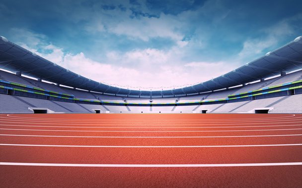 Stadion lekkoatletyczny pusty z toru w widoku dnia panorama - Zdjęcie, obraz
