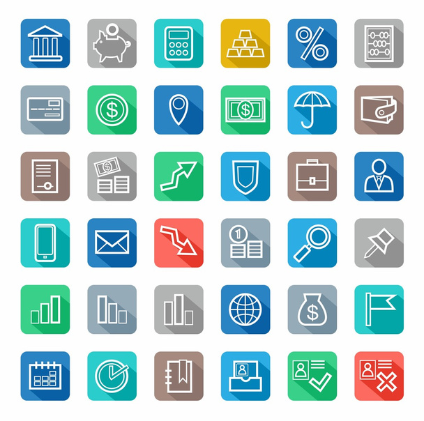 Icons, Bank, Finance, white outline, coloured background with shadow. - ベクター画像