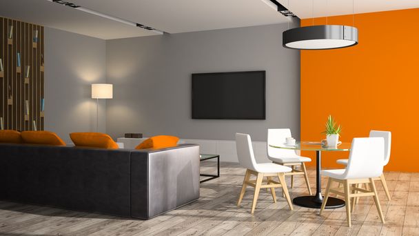 Nowoczesne wnętrza, czarna sofa i pomarańczowe ściany renderowania 3d - Zdjęcie, obraz