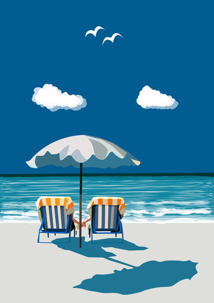 Beach, happy couple sitting on deck chairs, under umbrealla, on vacation, vector illustration - Vector, Image