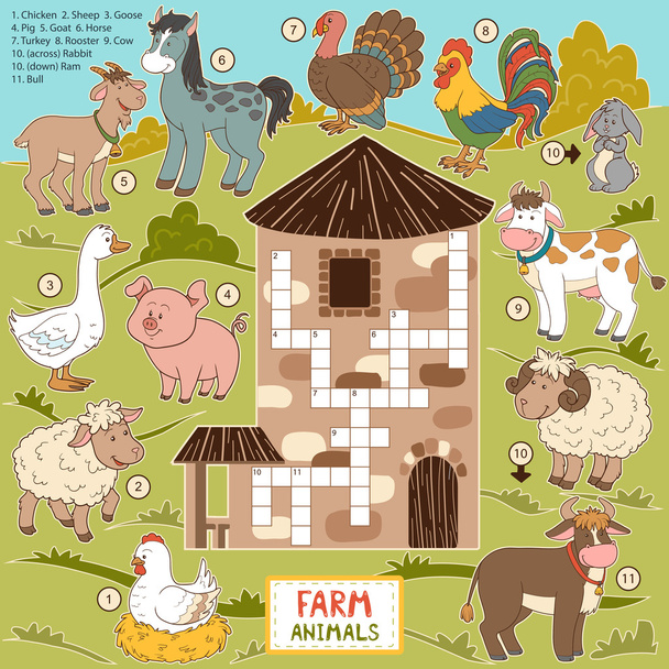 Vektor-Kreuzworträtsel, Lernspiel für Kinder über Nutztiere - Vektor, Bild