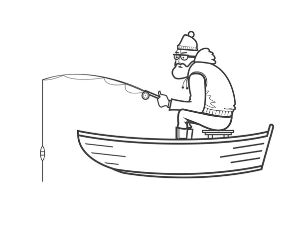 Halász sziluettje egy csónakban, a fehér háttér. Vonal stroke illusztráció. - Vektor, kép
