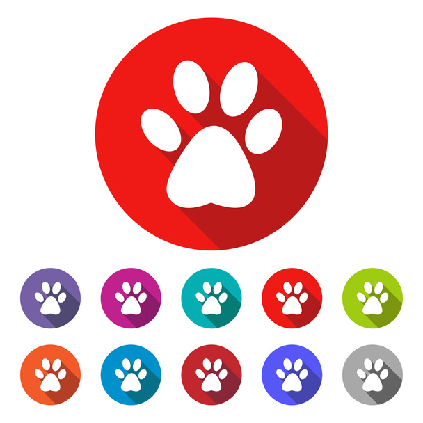 cat paw print vector icon - colored(gray, blue, orange, green, red) round buttons with long shadow - Vector, Image