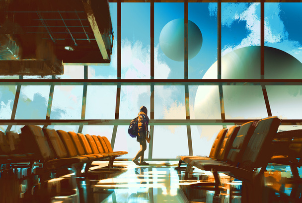 Девушка, идущая в аэропорт, смотрит на планеты через окно
 - Фото, изображение