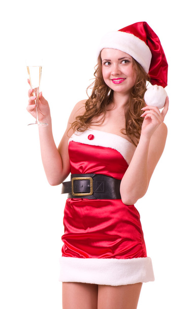 Femme dans les vêtements du Père Noël avec verre de champagne
 - Photo, image