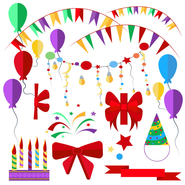 Set of holiday items, candles, ribbons, balls - Вектор,изображение