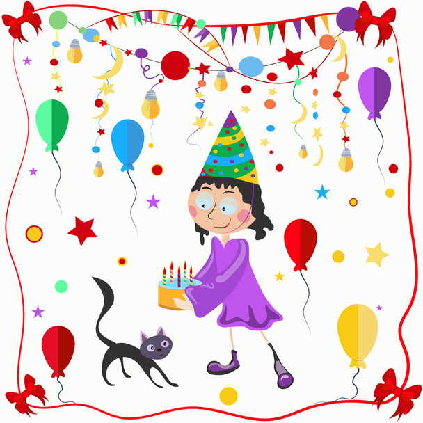 Girl and cat celebration balloons, bows - Vector, Image