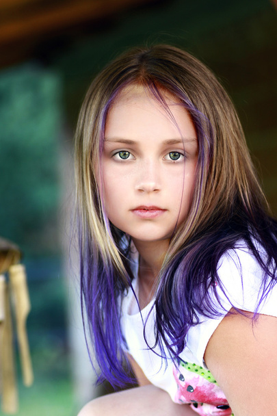 Beauty girl portrait with purple hairs - Photo, Image