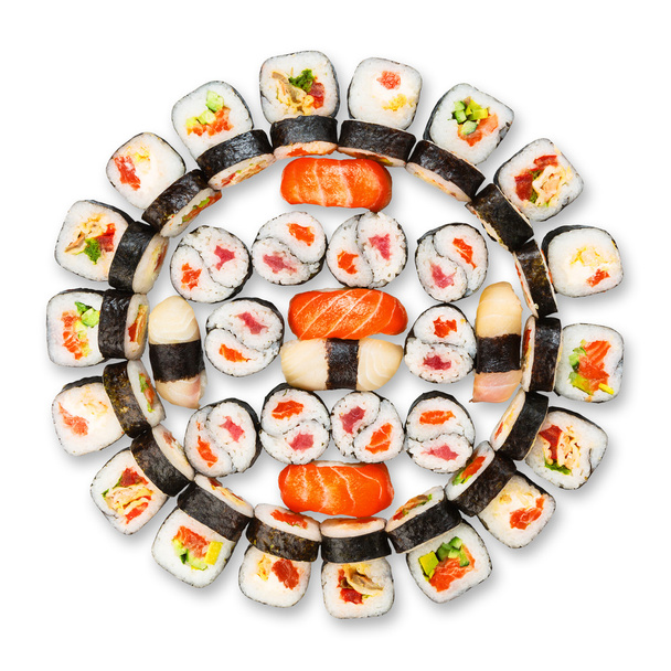 Set of sushi, maki, gunkan and rolls isolated at white - Photo, Image