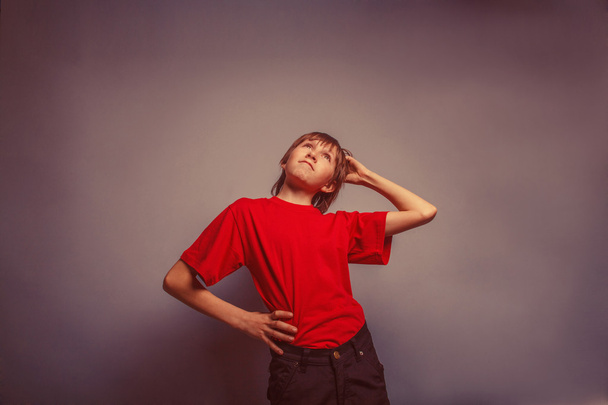 Poika, teini-ikäinen, 12 vuotta punaisessa paidassa, huomaavainen, derzhet h
 - Valokuva, kuva