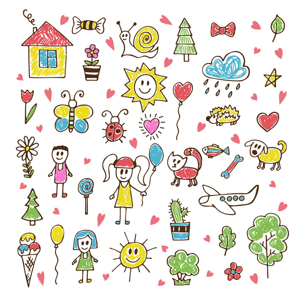 Doodle children drawing. Hand drawn set of drawings in child sty - Vektor, obrázek