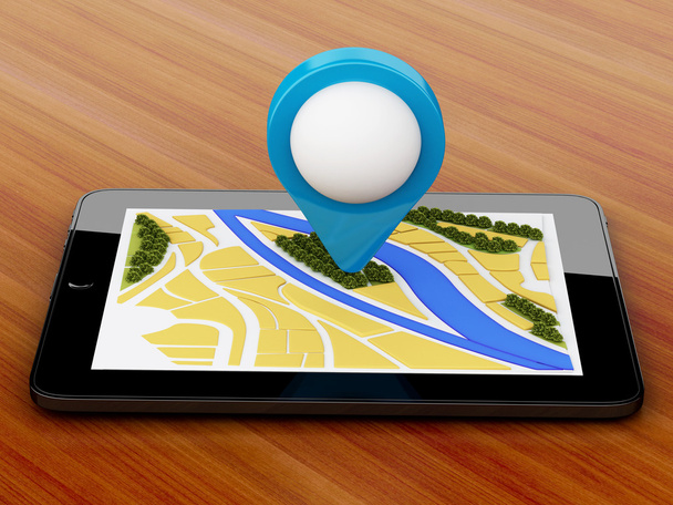 3D tablet pc z nawigatora mapa i wskaźnika znacznik na miasto. - Zdjęcie, obraz
