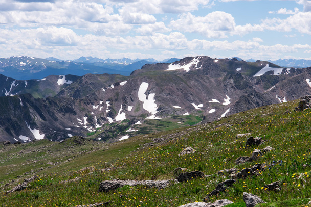paisaje de montaña con cielo azul por encima de la línea de madera
 - Foto, imagen