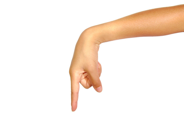 Mujeres dedo señalando o tocando aislado sobre un fondo blanco
 - Foto, Imagen