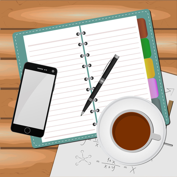 Top view on opened notebook, smartphone, pen and cup of coffee o - Vettoriali, immagini