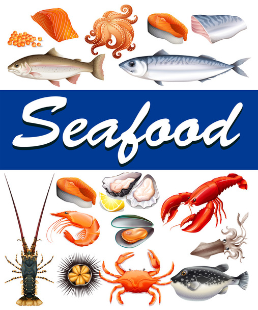 Різний вид морепродуктів і тексту
 - Вектор, зображення