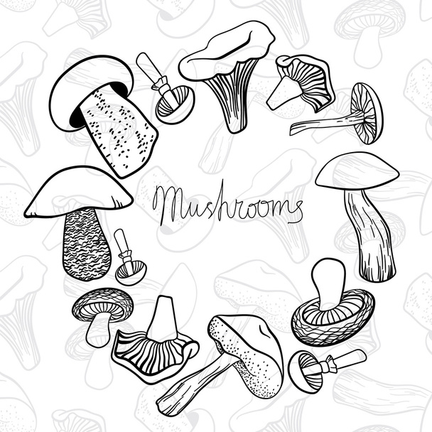 Circular frame of different hand drawn mushrooms in white and black. Can be used us restaurant menu design. - Vektori, kuva