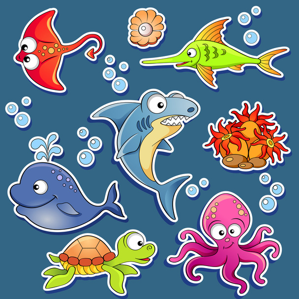 Stickers of cute cartoon sea animals - Vector, Image