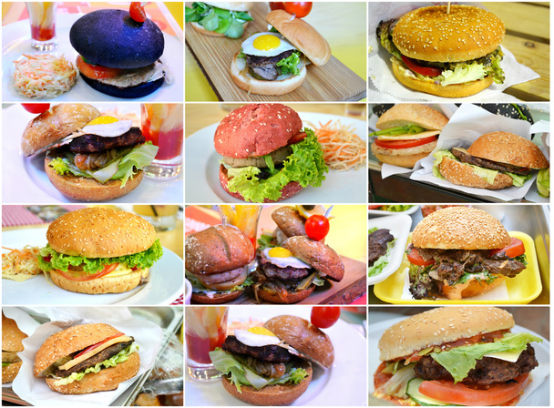 The concept of unhealthy, but tasty fast food in shape of collage with different types of burgers - Photo, Image
