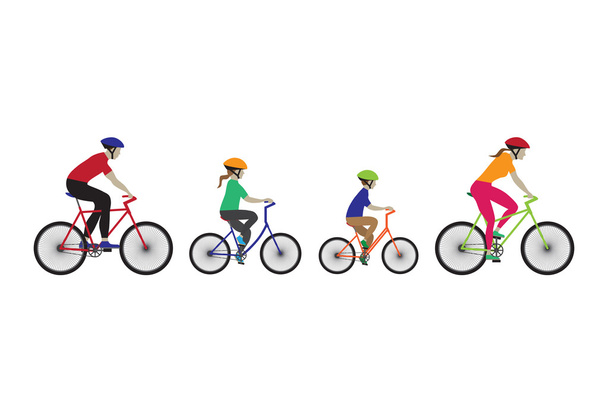 Father, mother and kids biking. - Vector, Image