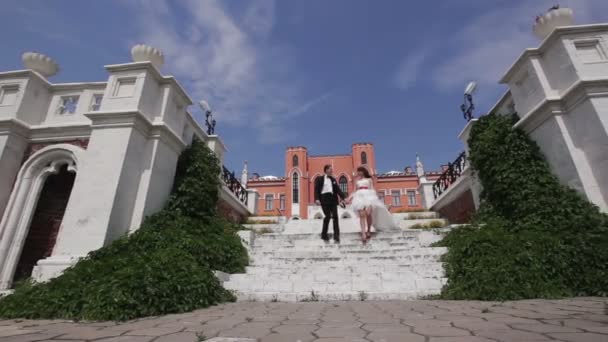 Newly married couple walk on park holding hands - Footage, Video