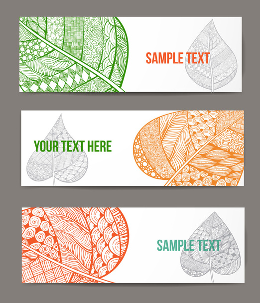 Three banners with zentangles-style leaves - Vector, imagen