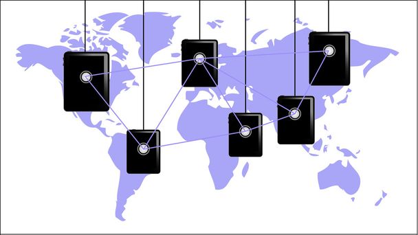 Планшетний ПК або смартфон, що з'єднується по всьому світу
 - Вектор, зображення