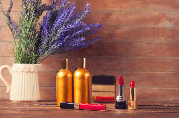 Lavender and makeup cosmetics  - Fotoğraf, Görsel