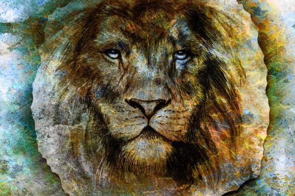 Dibujo de una cabeza de león con una expresión majestuosamente pacífica sobre fondo abstracto de madera. contacto visual
 - Foto, Imagen